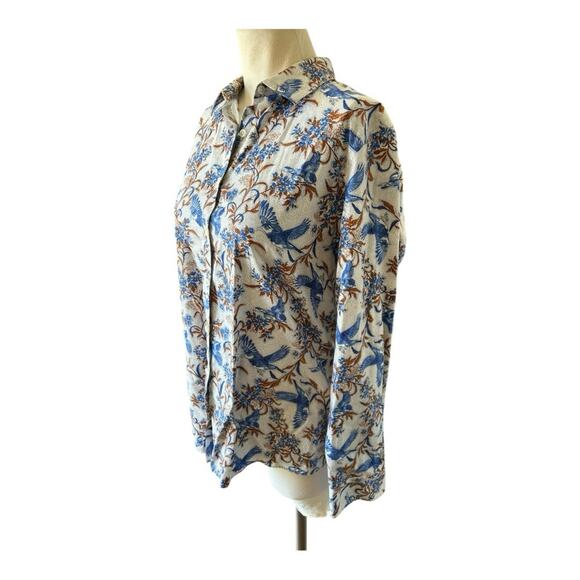 Lands End retro shirt button down blue bird floral print long sleeve women’s s… - Picture 3 of 8